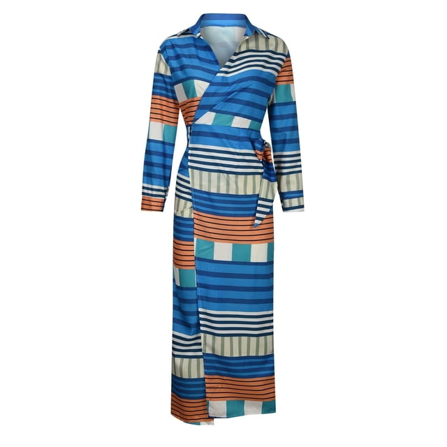 Robe Chemise Maxi Décontractée à Manches Longues pour Femme, Col en V, Col Chemise, Mode, Imprimé Vintage, Fente, Laçage, Longueur Taille, Longue Robe