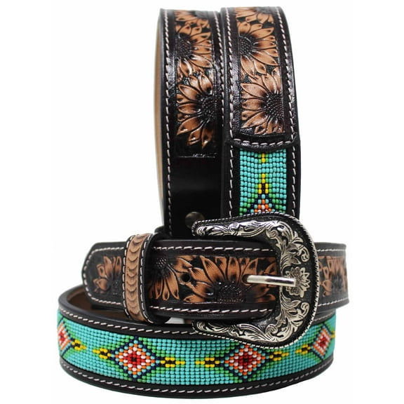 21-22  Kids Child Youth 1-1/4" Wide Western Floral Tooled Purple Beaded Leather Belt 26FK48C