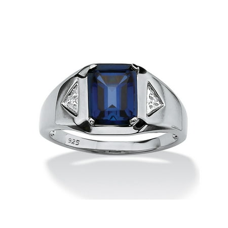 - Men's 2.75 TCW Emerald-Cut Sapphire and Diamond Accented Ring in Platinum over Sterling Silver