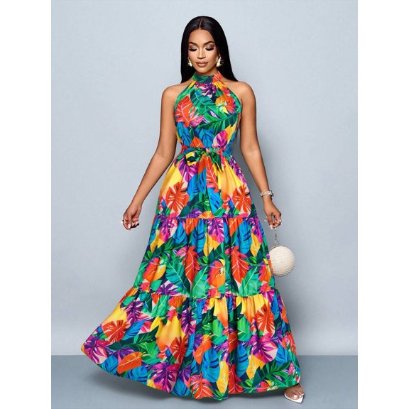 Womens Multicolor Allover Tropical Leaf Print Halter Neck Maxi Dress With Self-Tie Belt, Flowing Vacation Style