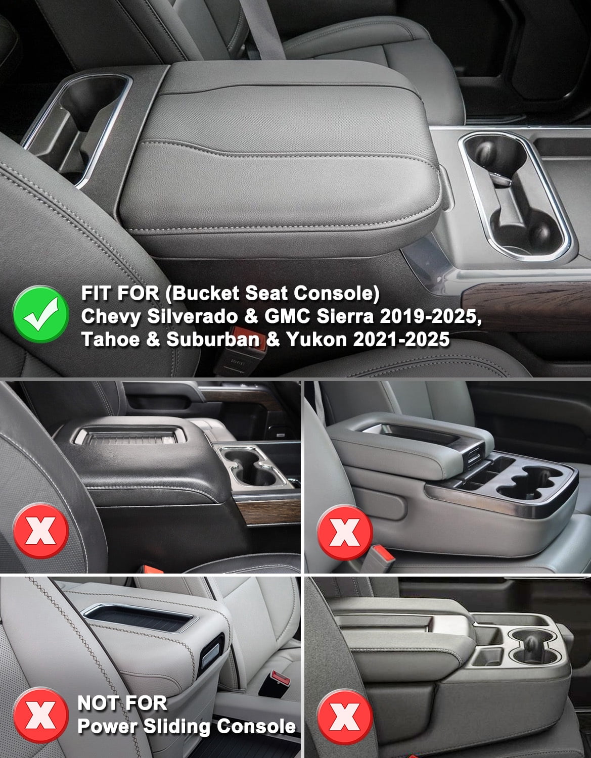 KBH Center Arm Rest Cover for Chevy Silverado GMC Sierra 2019-2026, Tahoe Suburban Yukon 2021-2026, Black Leather Middle Console Lid Armrest Cushion Pad, Bucket Seat Only