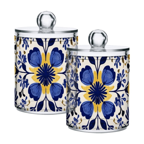 Dark Blue and Yellow Flowers Symmetrical Translucent Plastic Cans Storage Canisters with Lid Set of 2