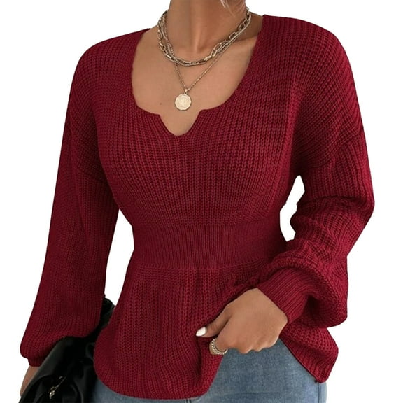 Women Lantern Sleeve Sweater Stylish Pure Color Pullover Slim Waist Sweater Tops for Fall Winter Wine Red M