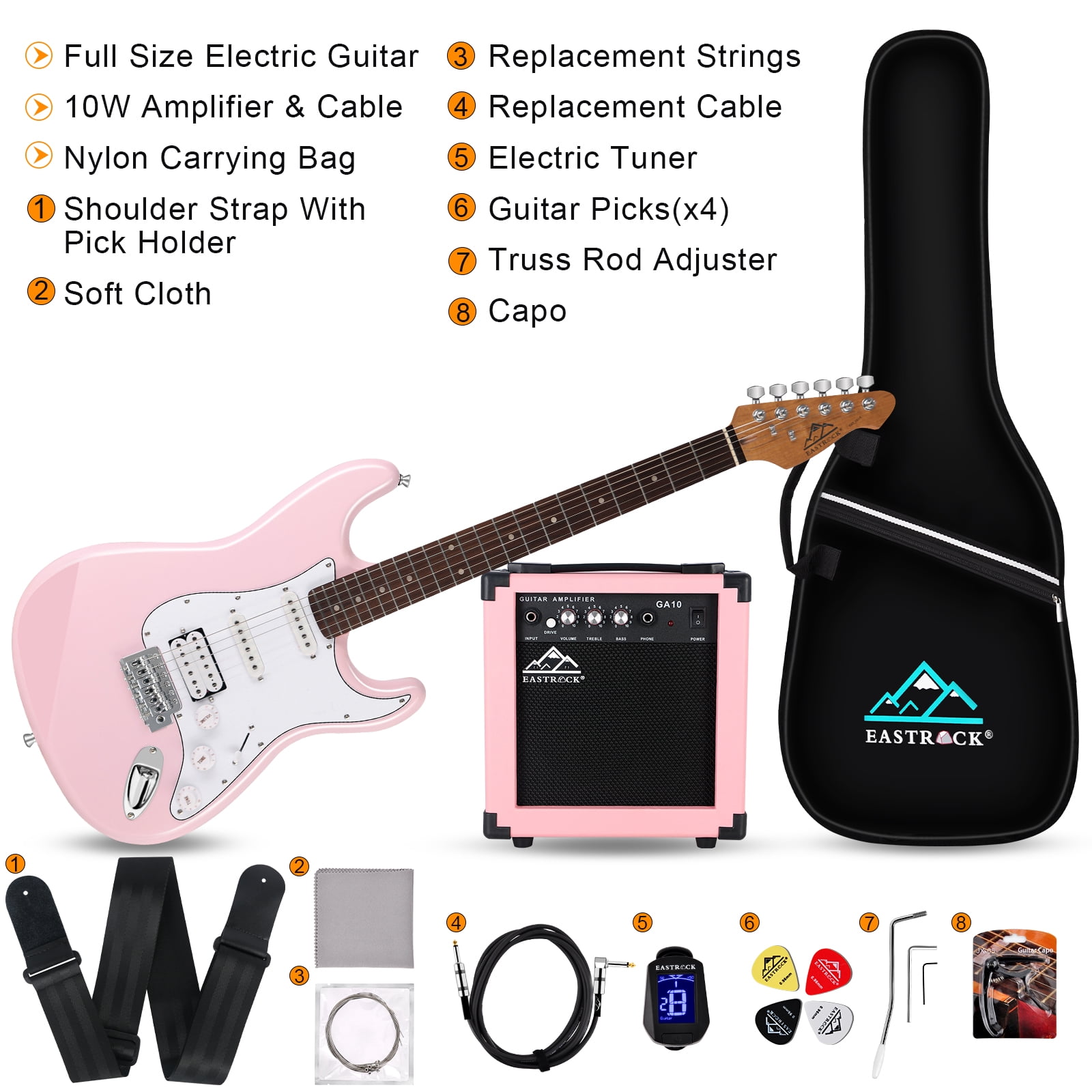 EASTROCK Pink Electric Guitar Set for Beginners – Includes Pink Guitar & Pink Amp, Tuner, Strap, Picks, Cable – Complete Matching Kit