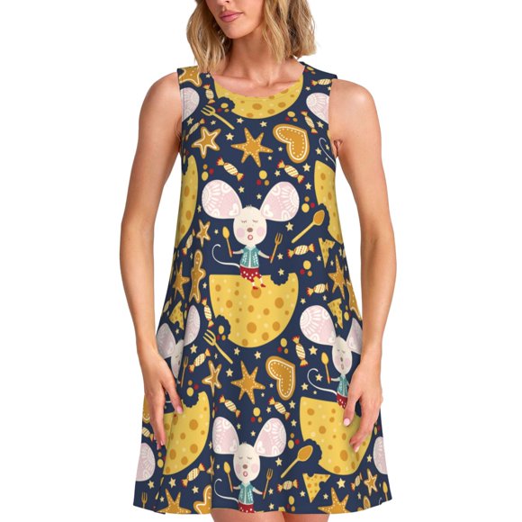 Gaeub Mouse Cheese Print Women's Sleeveless Dresses,Beach Casual Tank Loose Sundress,A Line Beach Dresses with Pockets,Womens Summer Maxi Dress