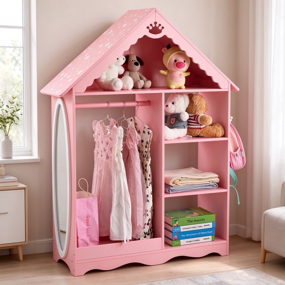 EDOEMSE Pink & White Star-Print Children's Wardrobe, Painted Fiberboard Kids Armoire with Mirror, 3 Shelves & Hanging Rod, 38" H