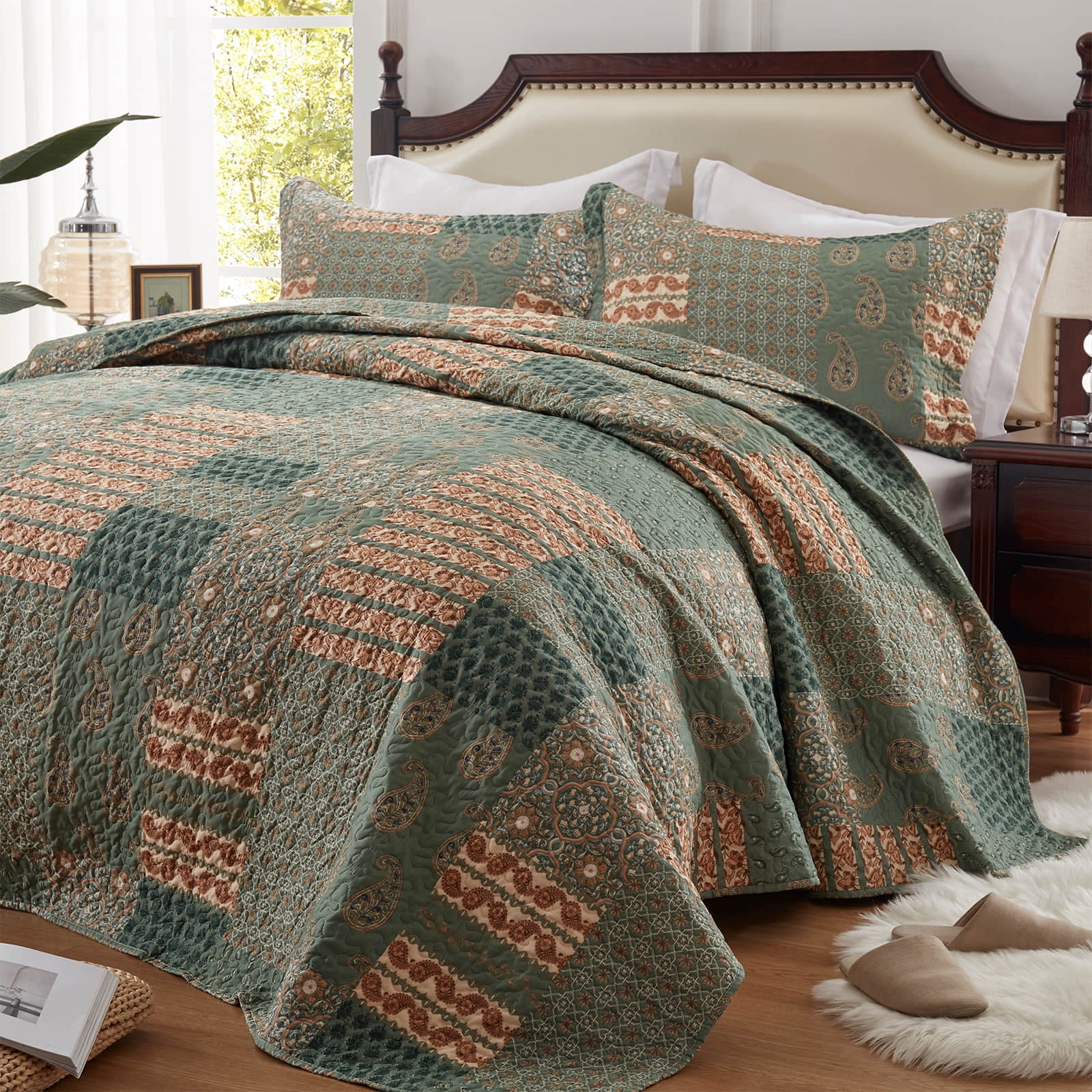 3-Piece Full/Queen Size Quilt Set - Olive Green Paisley Bedspread Coverlet with 2 Pillow Shams, Microfiber