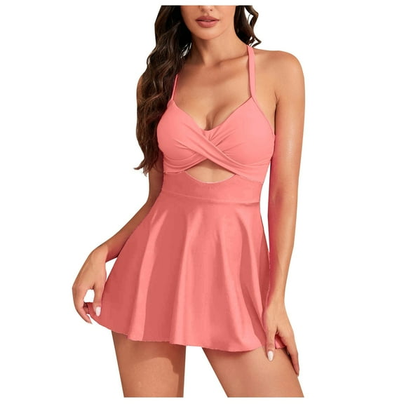 Womens One Piece SwimSuits Tummy Control Bathing Suit Cutout Swimdress Wrap Tie Back Halter V Neck Athletic Swimwear