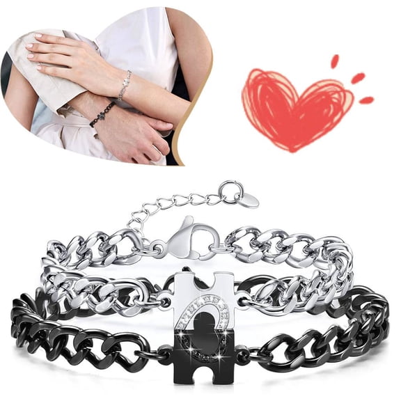Matching Bracelets for Couples : Long Distance Relationship Gifts Puzzle Heart Stainless Steel Bracelets for Women Men