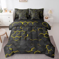 Feelyou Neon Gradient Geometric Bedding Comforter Set 7pcs, Yellow Honeycomb Queen Bedding Sets, Teens Boys Girls Kids Reversible Queen Sheet Sets, Breathable Home Decor