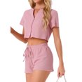 thumbnail image 4 of INSPIRE CHIC Women's Waffle Knit Button Down Pajamas Short Sleeve Crop Tops with Shorts 2 Piece Outfit Lounge Set XL Pink, 4 of 6