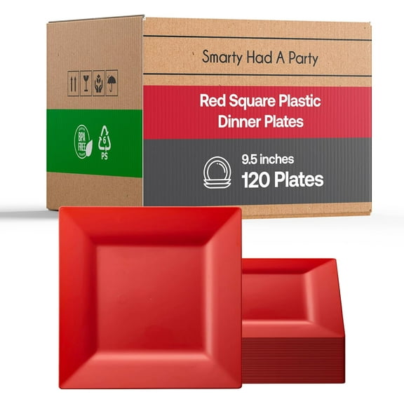 Smarty Had A Party 120 Elegant Disposable Plastic Dinnerware, 9.5" Fancy Square Red Plates for Weddings, Birthdays, and Special Occasions, Heavy Duty Bulk Party Supplies