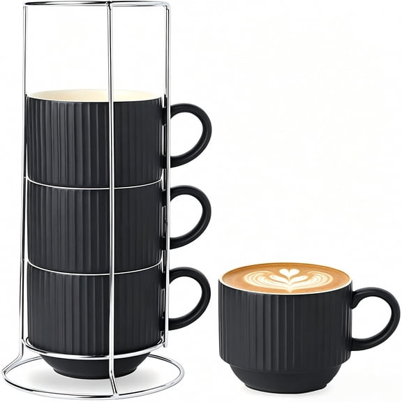 Tikooere Stackable 15oz Latte Mugs 4-Pack, Black Ribbed Ceramic Cups with Storage Stand for Coffee Tea Cocoa