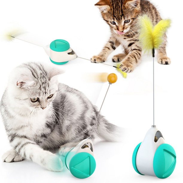 Juguetes para gatos de interior en azul y blanco, juguete interactivo con rodillo y pelota de plumas de hierba gatera, juguete de equilibrio para perseguir gatos, rompecabezas de ejercicio