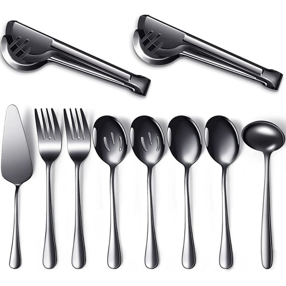 TACYKIBD 10-Piece Dishwasher Safe Silver Serving Utensil Set - Includes Spoons, Forks, Tongs, Ladle, and Pie Server