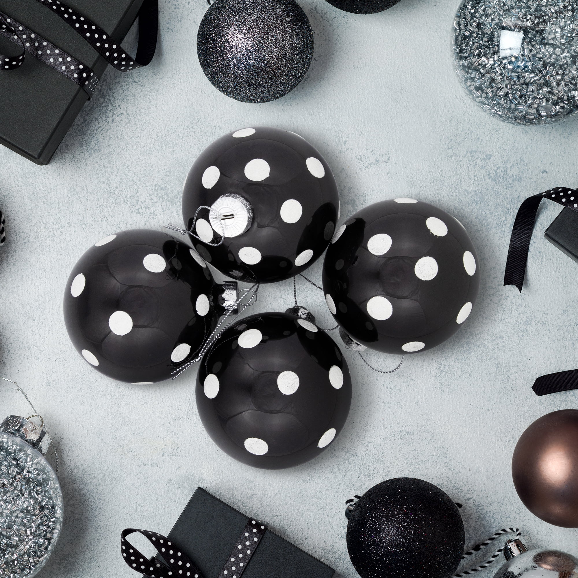 Northlight Shiny Finish Polka Dots Christmas Glass Ball Ornaments - 3" (80mm) - Black and White -