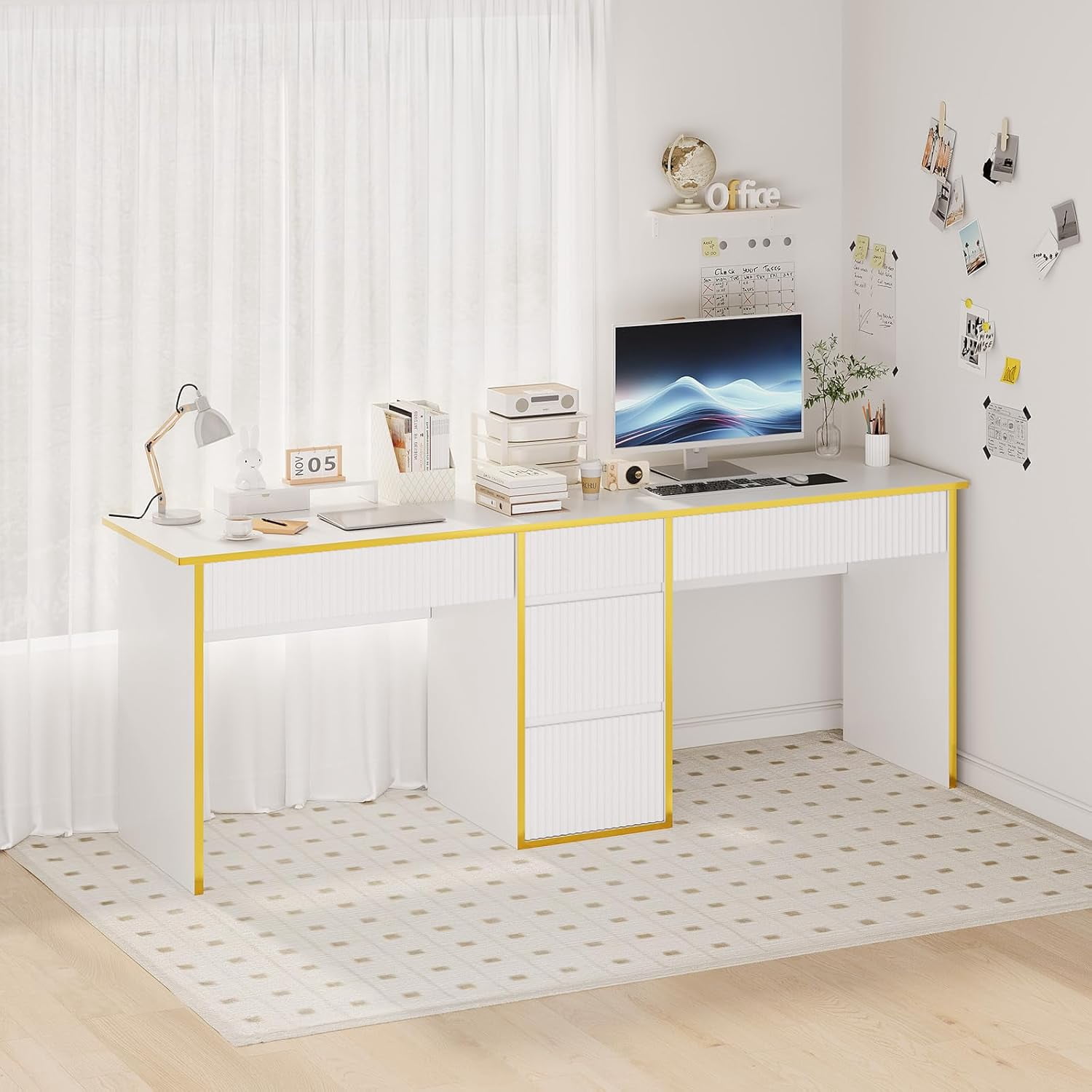 DreamCurship Two Person White Desk with Drawers, 78 inch Computer Desk with Storage Shelves, Double Desk with Storage for 2 People, Home Office Work Desk, White