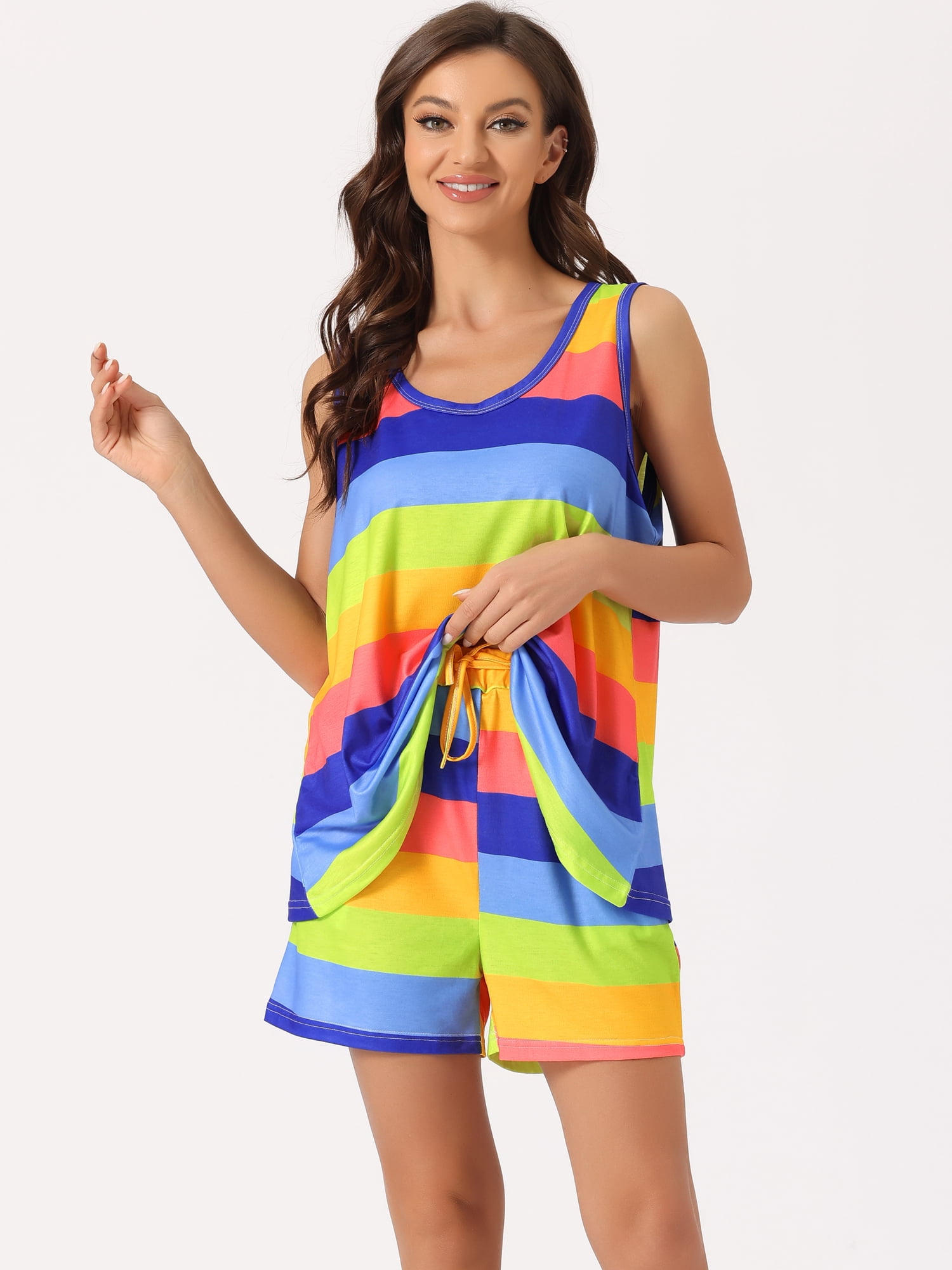 DARING DIVA Women's 2-Piece Rainbow Tank Tops with Shorts Stripe Pajama Set 3XL Blue