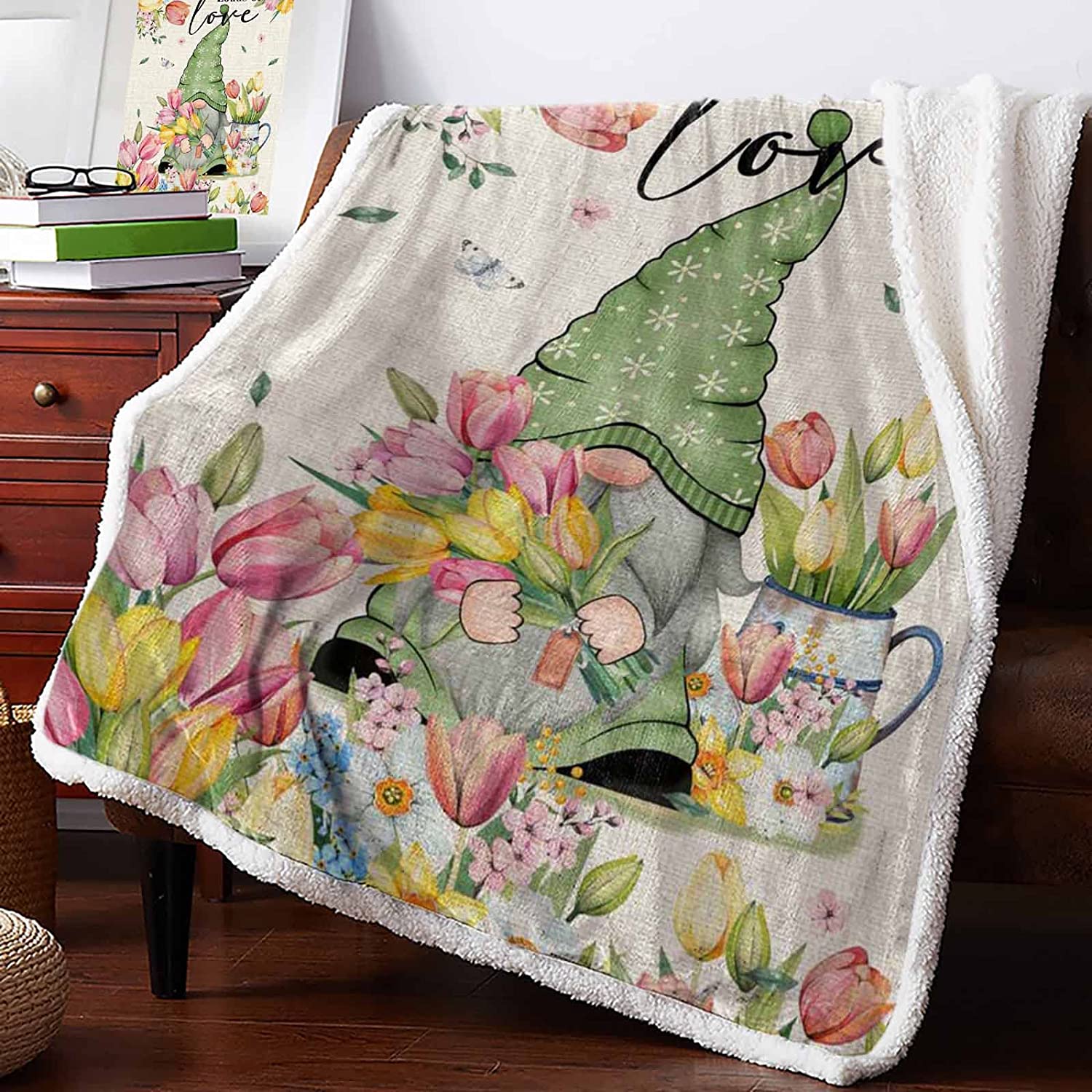 Linhiian Sherpa Fleece Throw Blankets,Easter Gnome Spring Pink Tulip