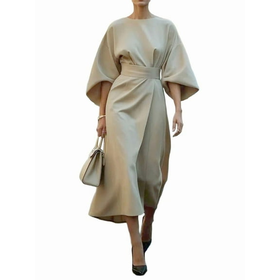 Women'S Elegant Batwing Sleeve Cocktail Party Dress Solid Casual Loose Ruched Slit Midi Dress with Belt Khaki S