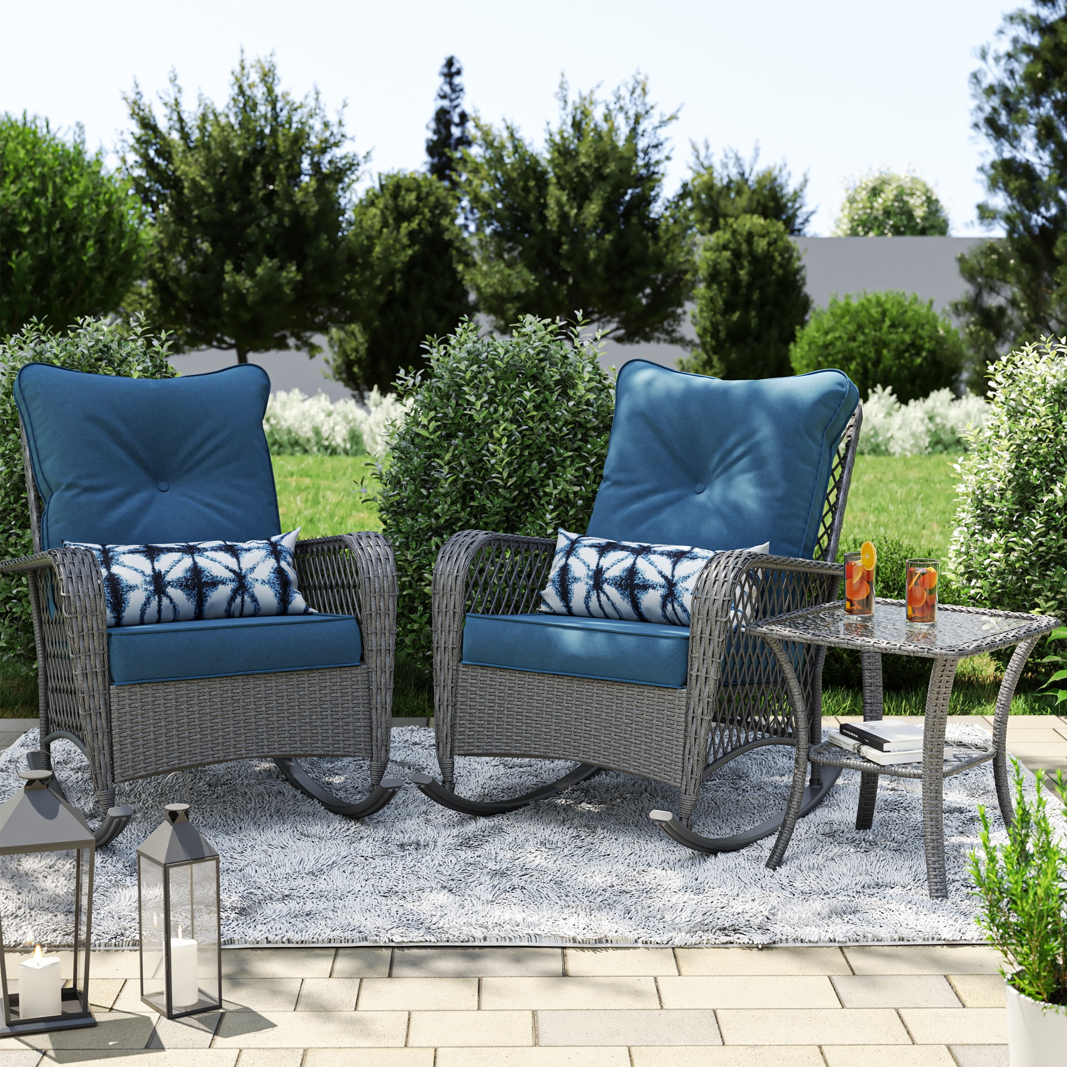 Poteban 3-Piece Outdoor Rocking Chairs, Wicker Patio Furniture with Thickened Cushions and Table for Porch (Blue)