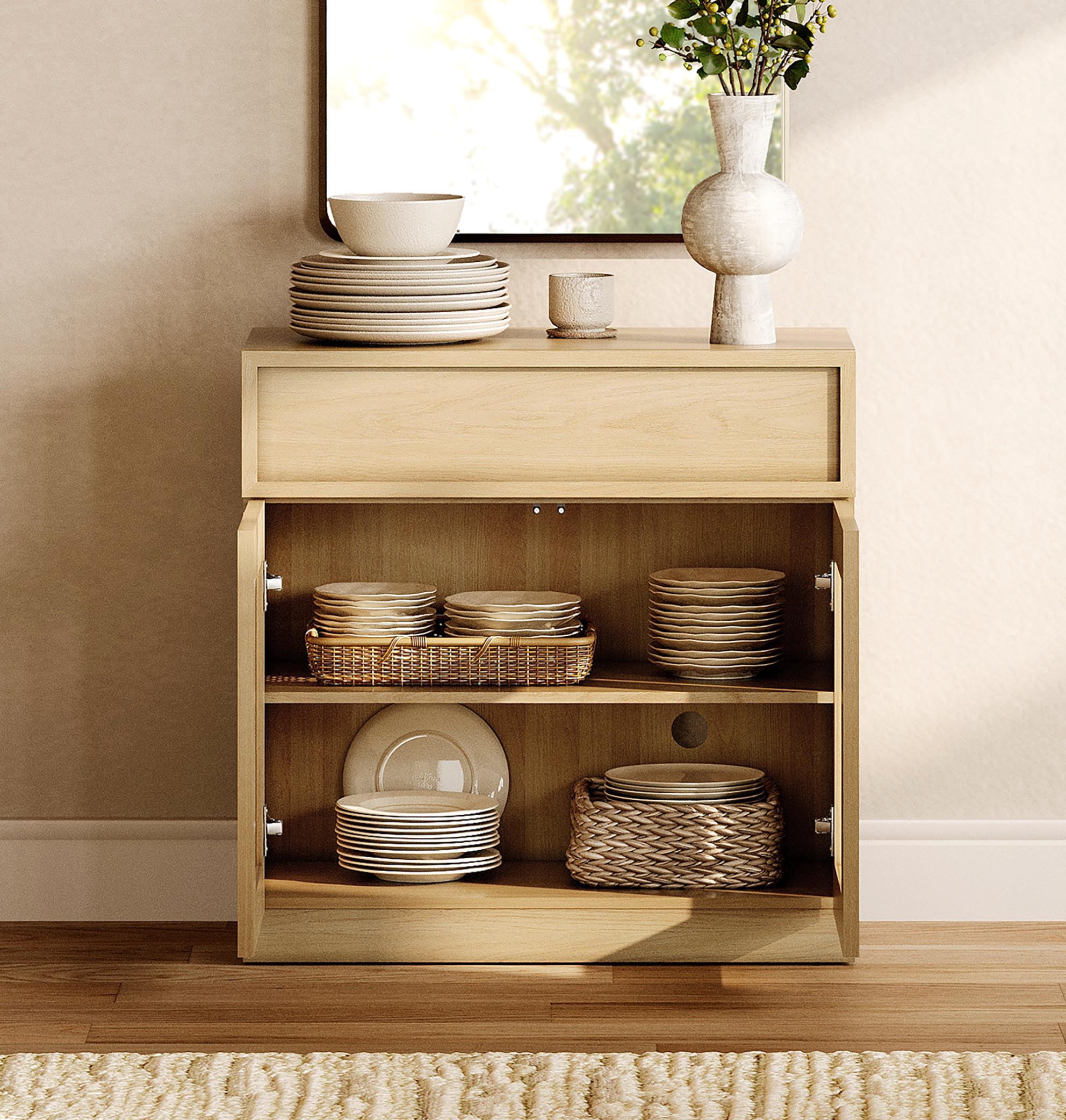 31.5" Modern Sideboard Buffet Cabinet with 2 Glass Doors and Drawer, Multifunctional Sideboard with Large Storage and Adjustable Shelf, Oak
