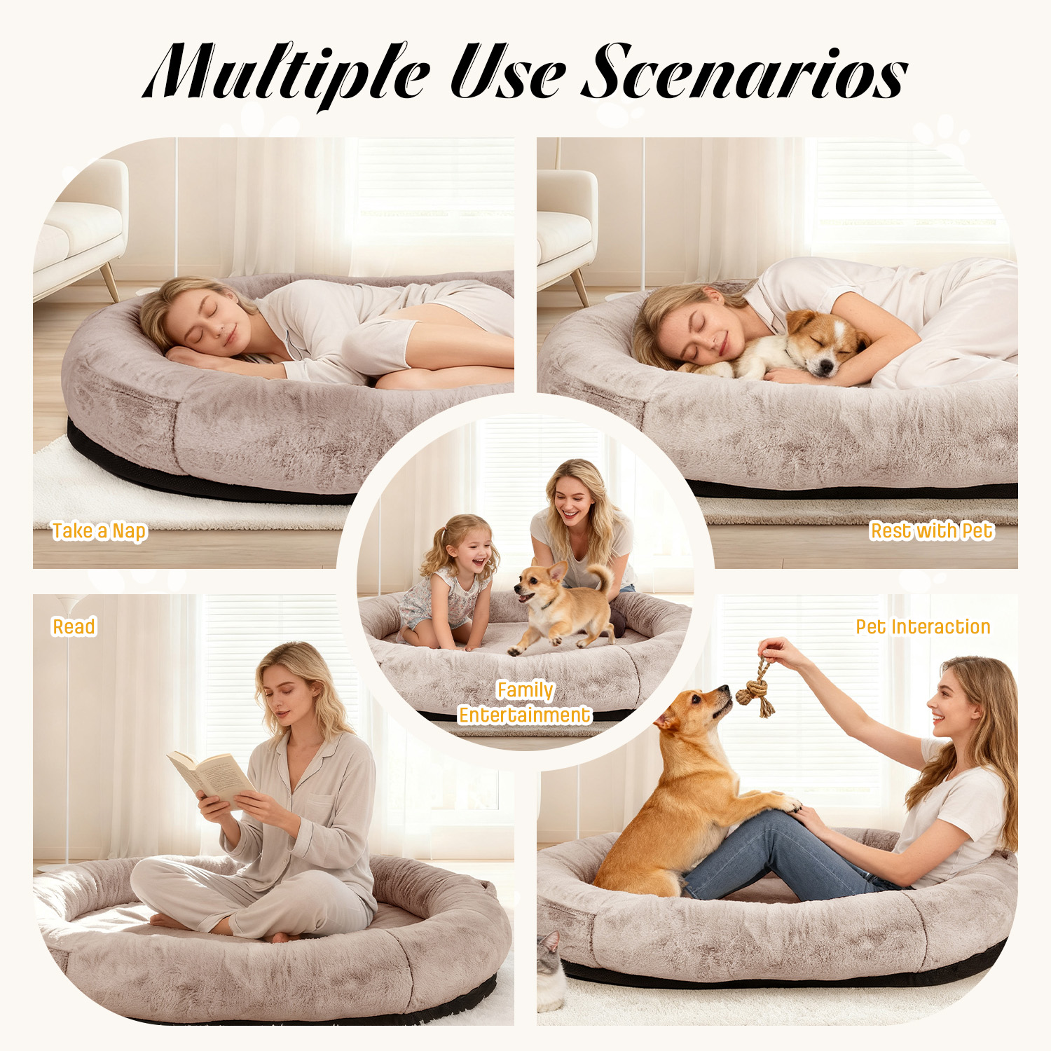 Hidpriva Human Dog Bed for Adults, 71" Extra Large Human-Sized Dog Bed, Washable Faux Fur with Blanket and Pillow, Camel