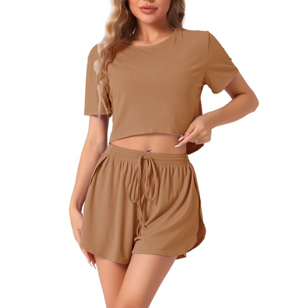 Conjuntos de pijama de manga corta para mujer INSPIRE CHIC, de punto acanalado, con aberturas laterales, pantalones cortos, 2 piezas, conjuntos de lounge, XS, color camello