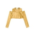 thumbnail image 4 of DPOIS Kids Girls Glossy Metallic Athletic Crop Top Off Shoulder Long Sleeve Dance Sports Shirt Gold 10, 4 of 5
