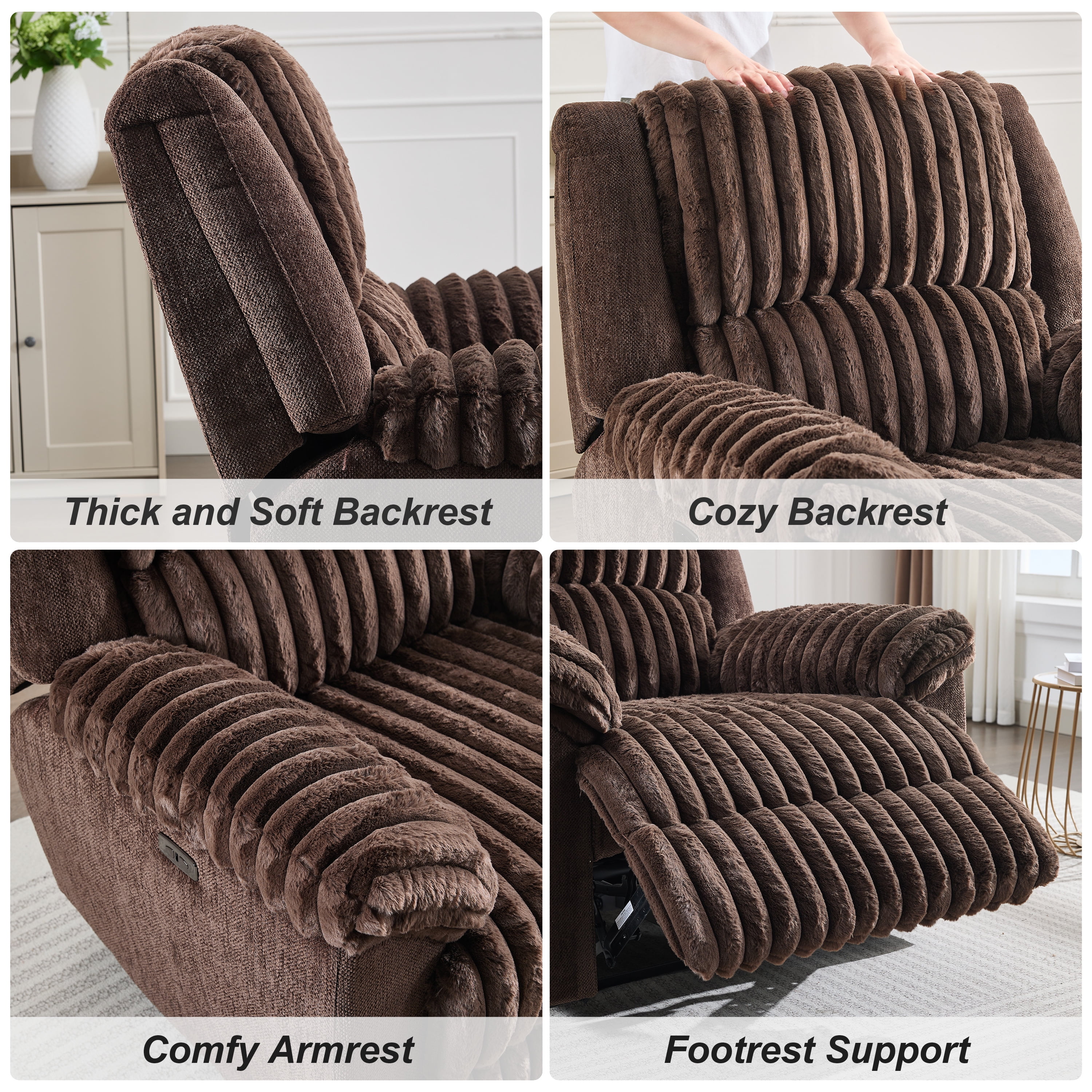 Oversized Power Recliner Zero Gravity with USB Port for Big and Tall Man Faux Fur Electric Extra Large Reclining Chairs for Living Room Soft Lumbar Support,26" Seat Width Brown