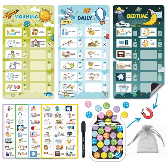 JJPRO Magnetic Bedtime/Morning/Daily Routine Chart for Kids with Reward Jar-Bedtime Checklist Toddler Reward Jar,Magnetic Chore Chart for Kids,Daily Routine Reward Chart -Outer Space