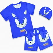 Sonic The Hedgehog Kids Boy Swimsuit Swimwear Swim Cap Set Beachwear