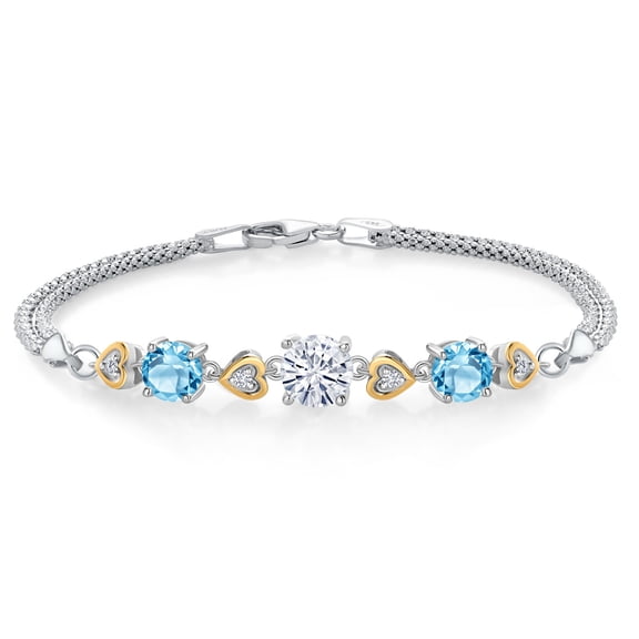 Gem Stone King 925 Sterling Silver and 10k Yellow Gold White Moissanite Swiss Blue Topaz and White Lab Grown Diamond Bracelet for Women (3.28 Cttw, Round 7MM and 6MM, 6.5/7/7.5 inch, Made in Italy)
