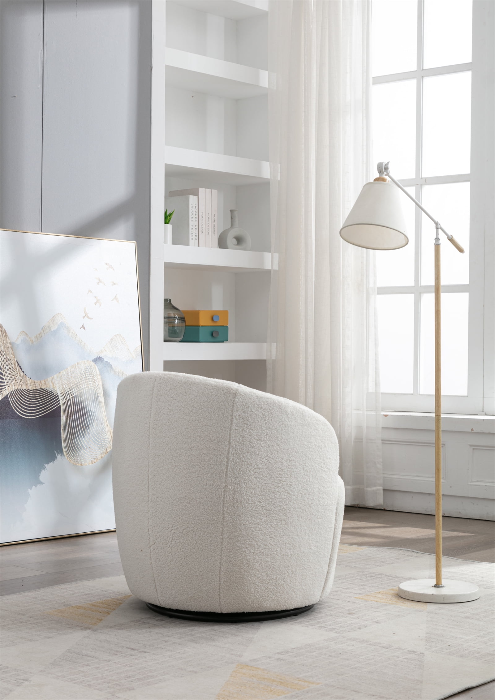 Swivel Barrel Chair, Modern Teddy Fabric Upholstered Accent Club Armchair with Metal Swivel Ring, Comfy Round Single Leisure Sofa Chair for Living Room Bedroom Office Coffee Shop, Ivory