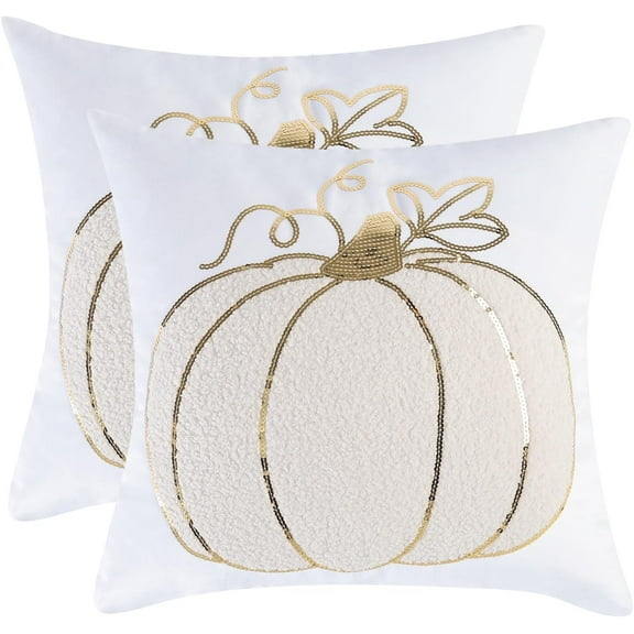 Tosleo Pumpkin Gold Throw Pillow Covers 18x18 inch Set of 2 Halloween Beige Sequin Pumpkin Embroidered Pillow Cases Thanksgiving Home Party Pumpkin Decor White Velvet Pillowcases Cushion Covers