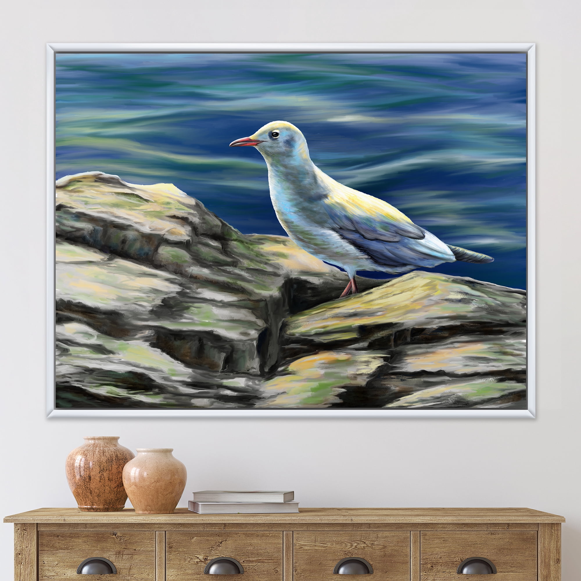 Designart 'Portrait of Seagull Birds By The Sea' Nautical & Coastal Framed Canvas Wall Art Print