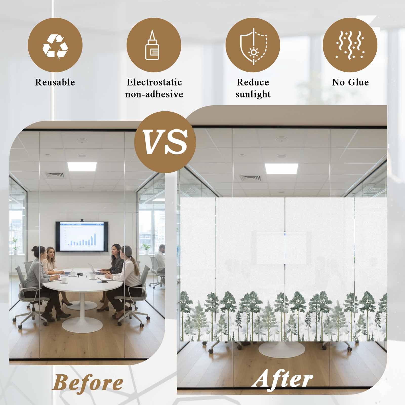 Green Botanical Window Privacy Film, Watercolor Tree Static Cling UV Sun Blocking Heat Control Window Tint Day and Night, Non-Adhesive Reusable One Way Windows Privacy Cover 23.6''x59''
