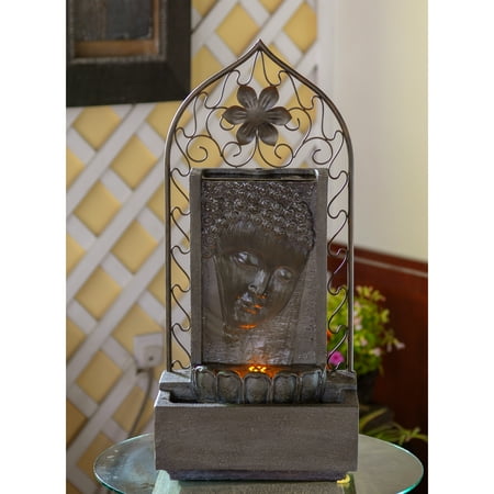 Buddha Wall and Metal Flower Fountain with LED Light