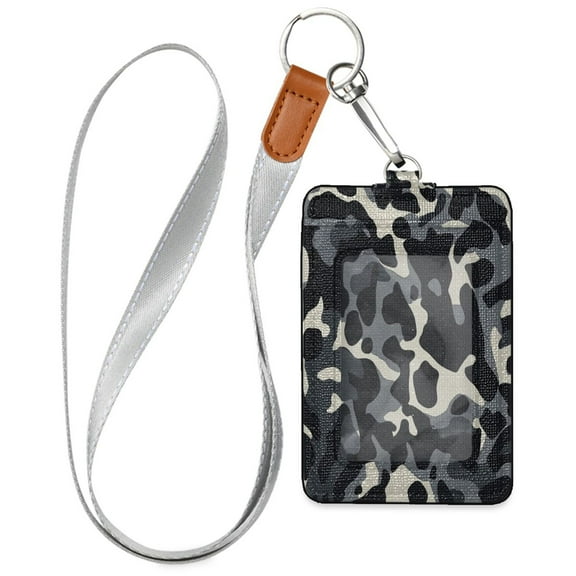 PU Leather ID Badge Holder Stylish Badge Holders with Lanyard (4.3x2.8x0.3in) for Cards & Credentials Gray Camouflage