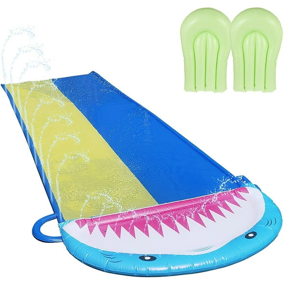 Slip and Slide Water Double Sliding Lanes, Water Splash Slide with 2 Body Boards Summer Pool Inflatable Kid Slides for Garden Outdoors