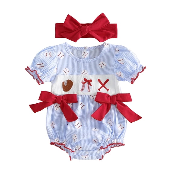 Ulanda Baby Girl Baseball Outfit Baseball Pattern Embroidery Puff Short Sleeve Smocked Bubble Romper Stripe Bodysuit Headband (Blue, 3-6 Months)