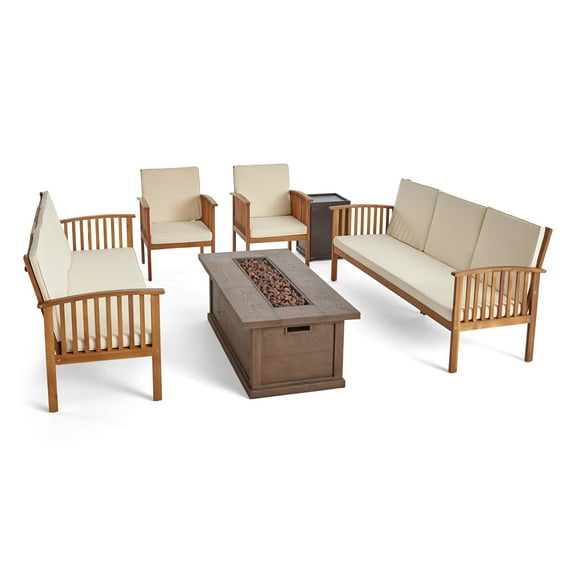 GDF Studio Navan Outdoor Acacia Wood 8 Seater Sofa Chat Set with Fire Pit, Teak, Cream, and Brown