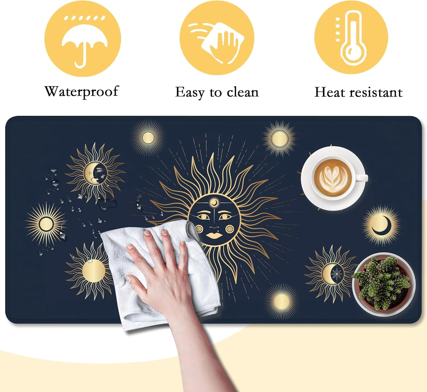 Gold Sun Star Moon Desk Mat,Large Gaming Mouse Pad,Non-Slip Rubber Base Mousepad with Stitched Edges,Waterproof Mouse Mat Desk Pad for Work, Game, Office (31.5x15.7 in)