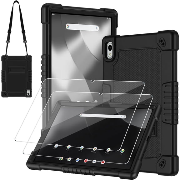 FIEWESEY for Walmart Onn 11 inch Tablet Pro 2024 Model Case/Onn 11 inch Tablet Pro (100146660) 2024 Case Kids Friendly with Shoulder Strap Stand 2Pcs Tempered Glass Screen Protector (Black 2Pcs)