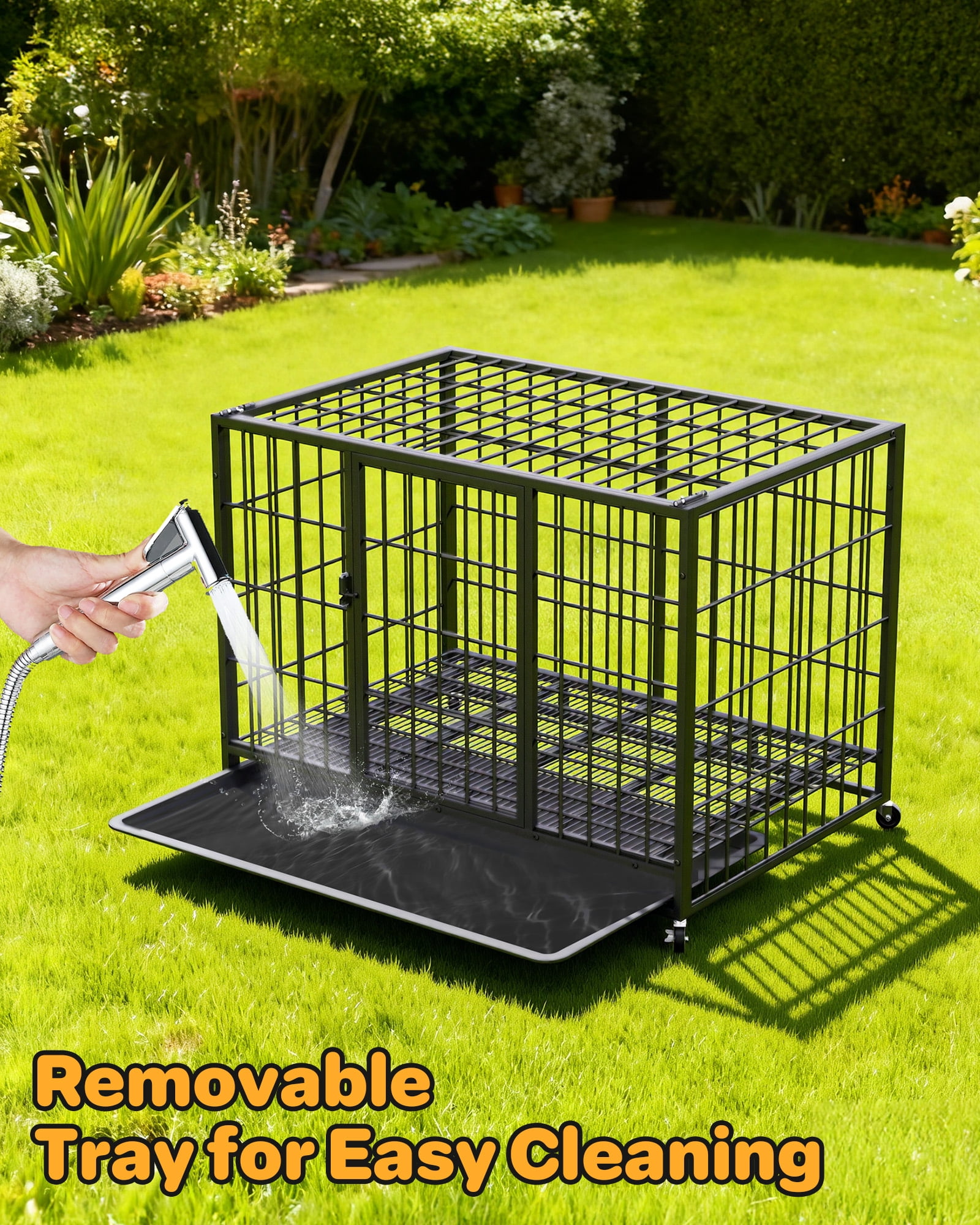 TIME RAY 38" Metal Wire Dog Crate for Large Dogs with Tray and Double Door, Dog Cage for Yard Indoor Outdoor Use,XL Dog Cage Kennel,Black
