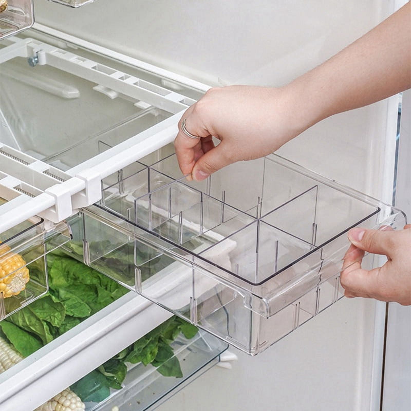 Refrigerator Organizer Bins, Pull-out Fridge Storage Drawer, Freely Pullable Storage Box with Divided Sections Fit for Fridge Shelf Under