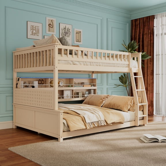 Full XL over Queen Bunk Bed with Integrated Shelving, Color-Changing Lights & Pegboard for Bedroom,Beige