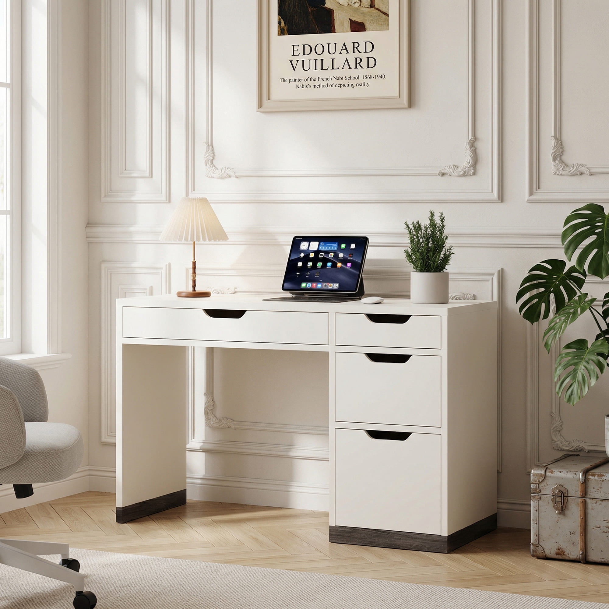 4 EVER WINNER 48"Computer Desk with Drawers, Home Office Writing Desk with Spacious Legroom, Modern Study Desk for Bedroom, Office and Small Spaces,White