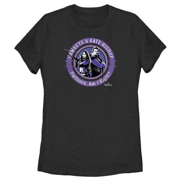 Women's Marvel Hawkeye Partners, Am I Right? Stamp Graphic Tee Black Small