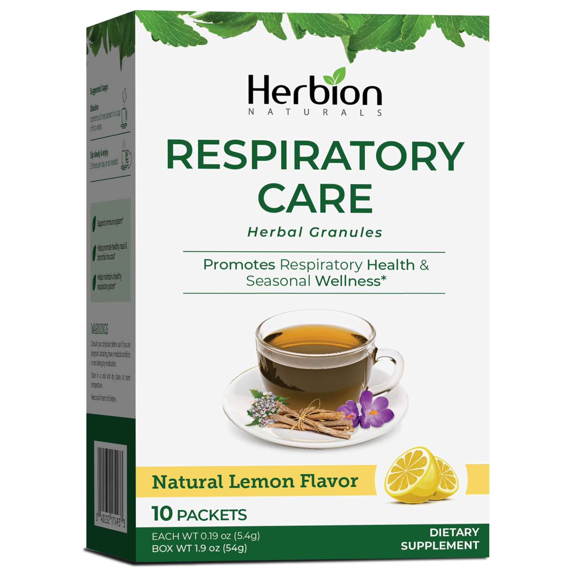Herbion Naturals Respiratory Care Herbal Granules with Natural Lemon Flavor – 10 Ct, for the Whole Family – Promotes Healthy Respiratory Function - Relieves Cold & Flu Symptoms